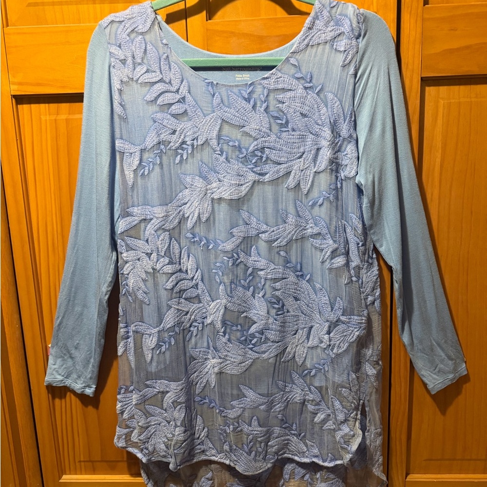 Soft Surroundings Periwinkle Blue Sheer Embroidered Long Sleeve Top